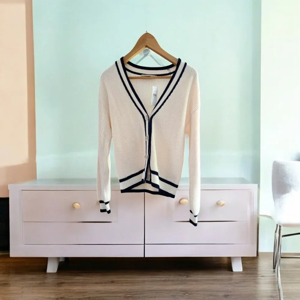 LOFT  V-Neck Cardigan blue and white maritime NWT cotton - Picture 4 of 5